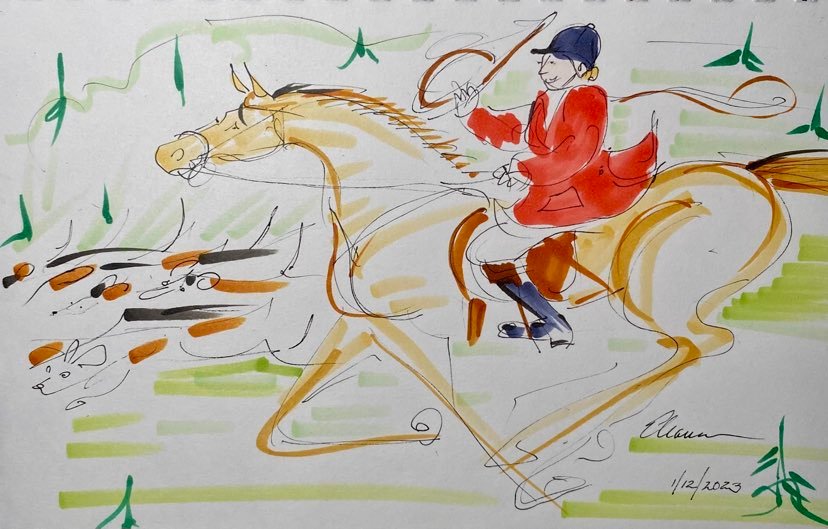 Eleanor Hartwell Professional Huntsman for Bridlespur Hunt watercolor in tribute to the late Jean Derrickjpg