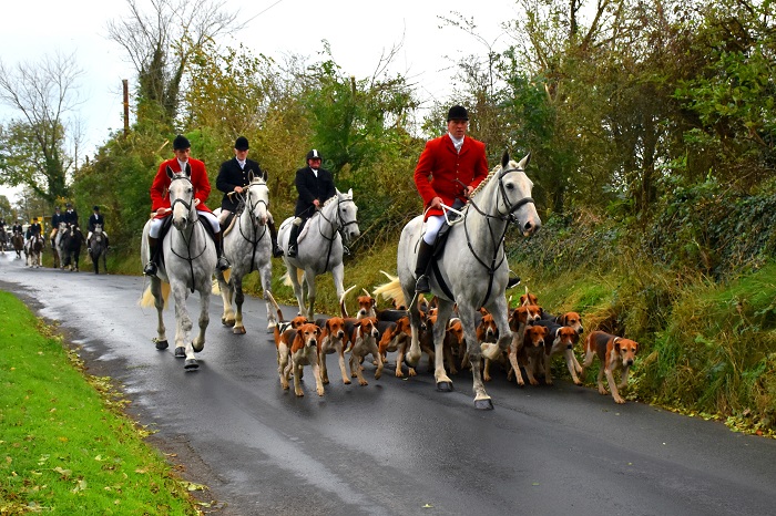 Galway Blazers huntsman Anthony Costello whipper in Oisin Rigney senior master Michael MacDonagh and local landowner Martin Moran
